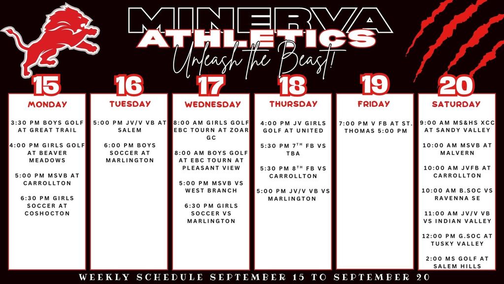 Athletic Calendar 9-15-25 to 9-20-25