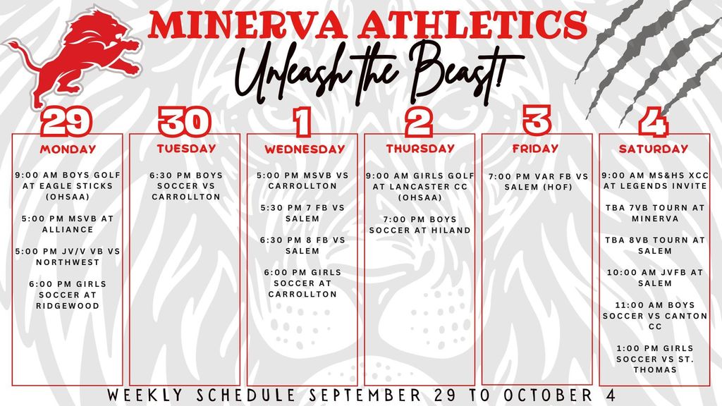 Athletic Calendar 9-29-25 to 10-4-25