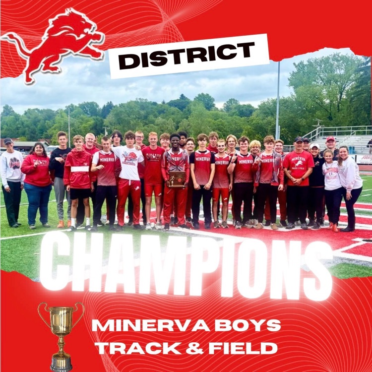 History Made! 🏆🦁  Congratulations to the Minerva Boys Track Team — the first OHSAA District Track Championship in school history!  An incredible accomplishment for our student-athletes and coaches!  Go Lions! 🦁 #MinervaPride