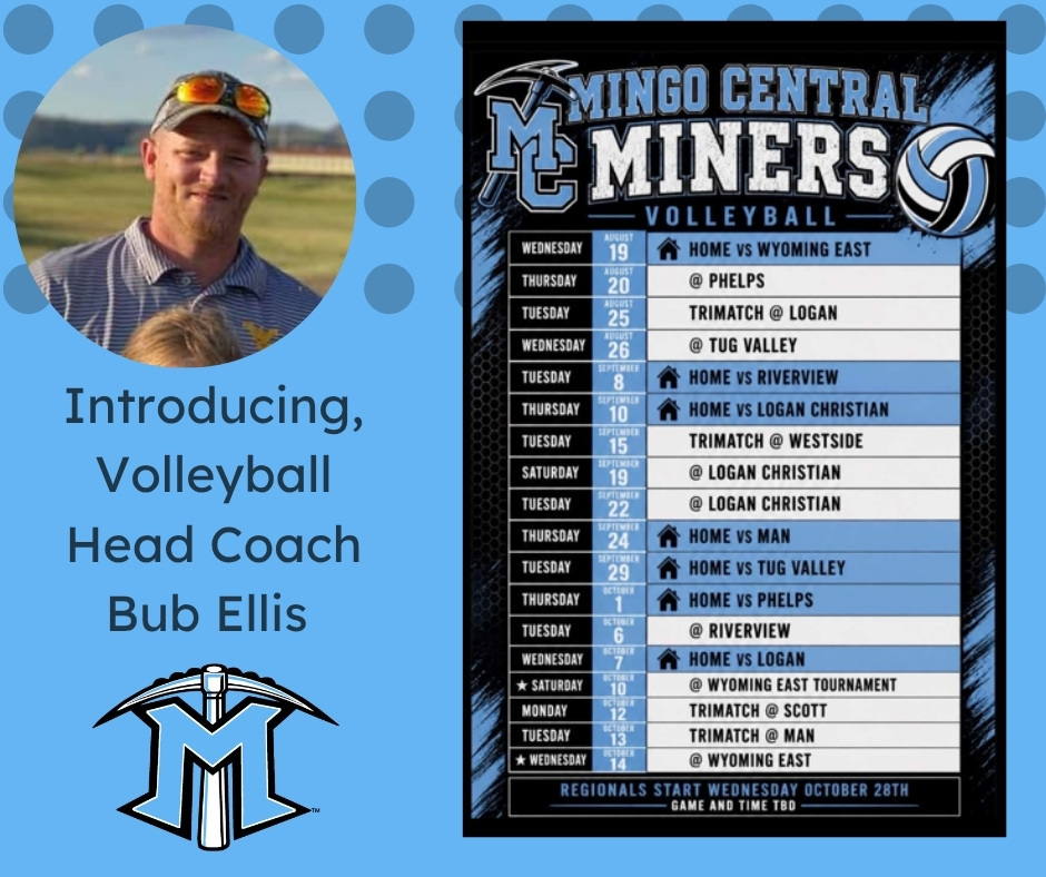 Graphic on a light blue background with dark blue polka dots. On the left is a circular photo of new Mingo Central High School Head Volleyball Coach Bub Ellis wearing a blue polo shirt, a West Virginia cap, and sunglasses resting on his hat. Below the photo, text reads, "Introducing, Volleyball Head Coach Bub Ellis," with the Mingo Central Miners logo at the bottom. On the right is the 2026 Mingo Central Miners Volleyball schedule featuring home and away matches from August through October in the school's blue, black, and white colors.