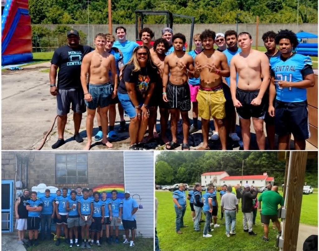 A series of photos showing Mingo Central football players throughout the summer. Images include athletes participating in Flex Day workouts, attending football camps and 7-on-7 competitions, and giving back to the community by reading with children at the Mingo County Public Library, volunteering at the Wellspring Family Services Summer Splash Field Day, and participating in a community celebration honoring Mr. Donald Tackett Jr. The photos highlight the team's commitment to athletic excellence, leadership, and service beyond the football field.