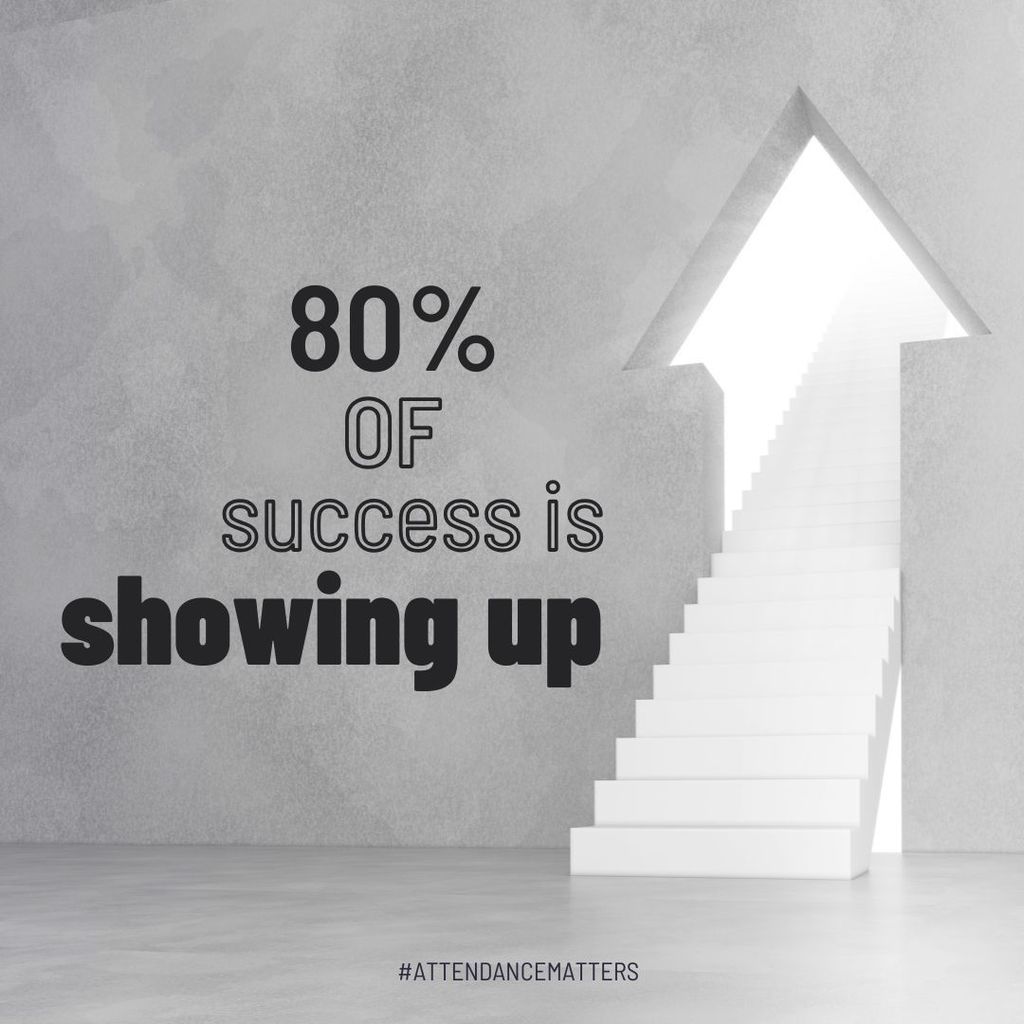 Poster reading '80% of Success is Showing Up' with motivational message encouraging attendance.