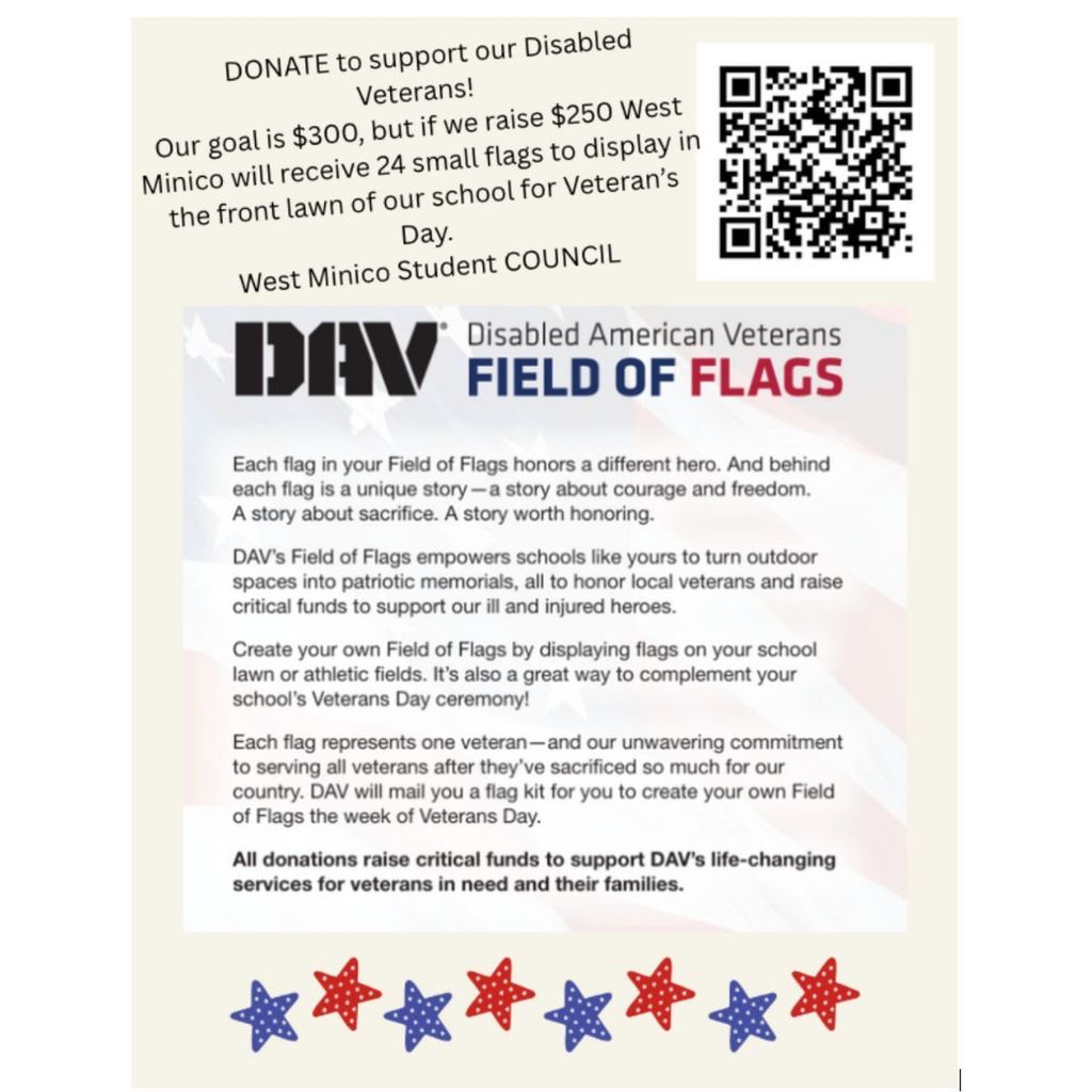 Student Council fundraiser details. $250 raised will get West Minico 24 flags. 