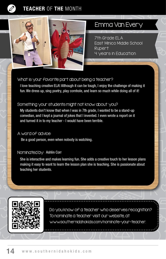 Congratulations to Emma Campbell Van Every for winning Teacher of the Month at www.southernidahokids.com!