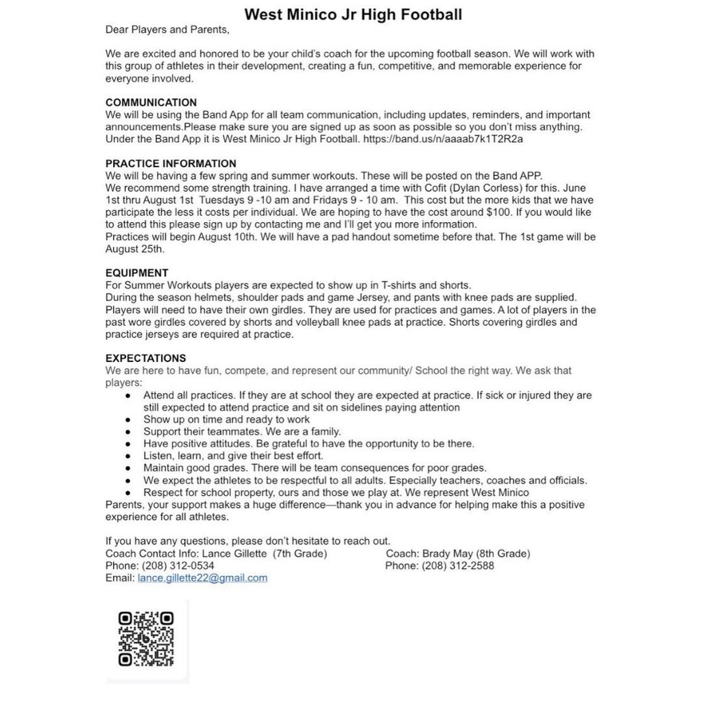 Football letter to students and families about summer practices and joining the team Band app