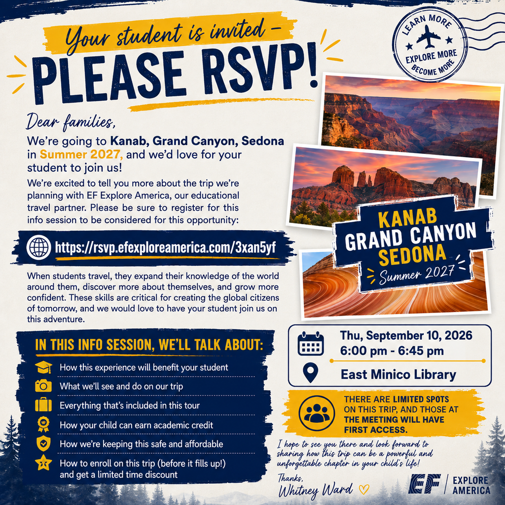 Invitation to Parent meeting about traveling to national parks for middle school students.