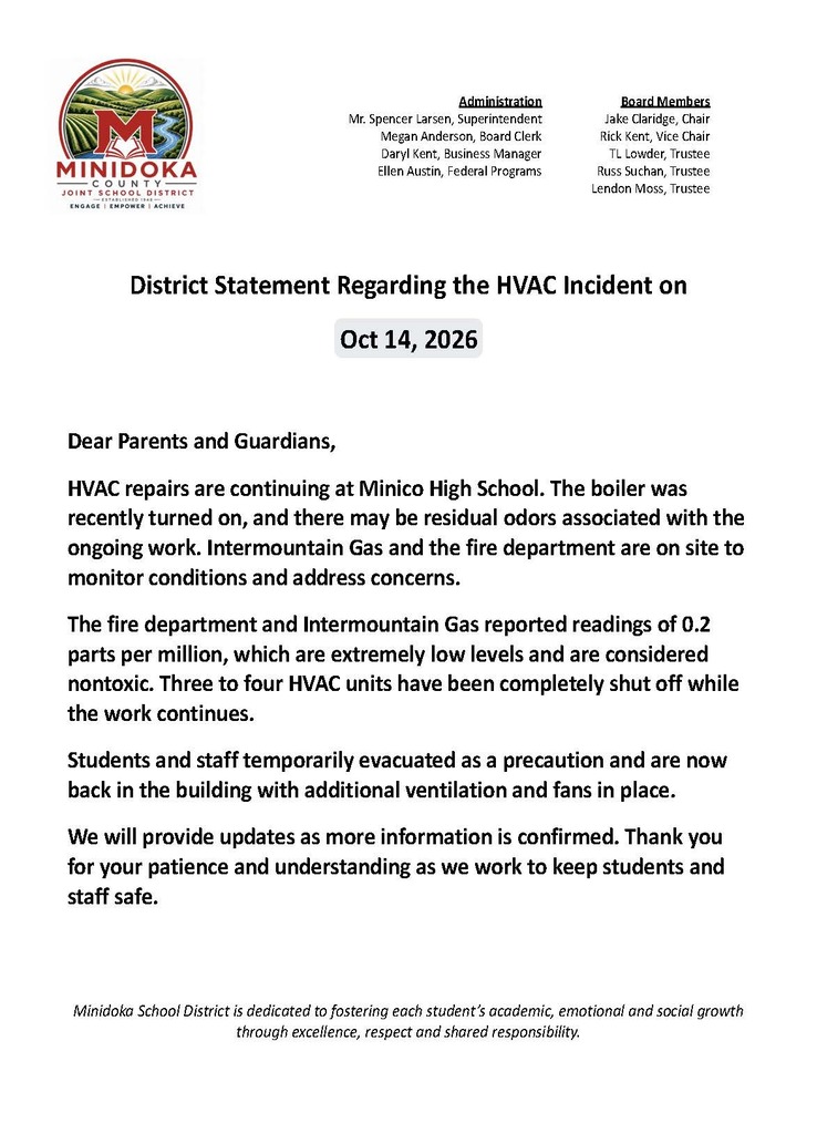 Minico High is closed Thursday and no PTC Oct 15 & 16