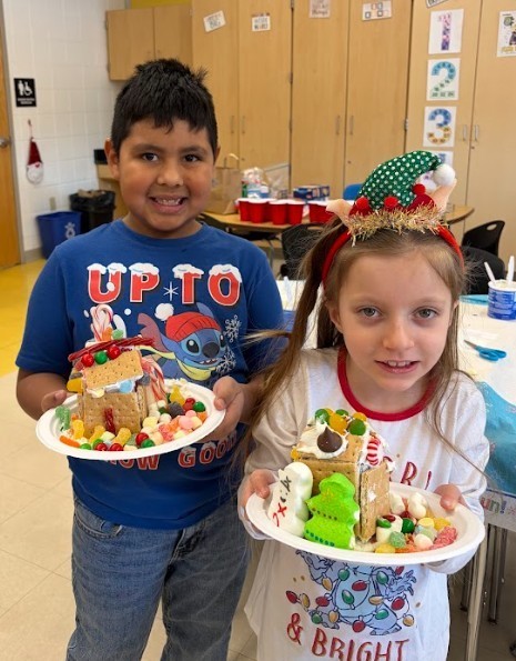 students with gingerbread houses