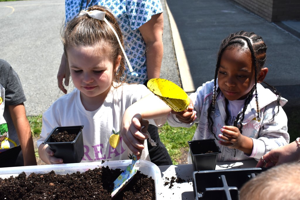 students  putting dirt ina pot