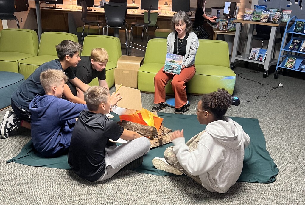 students in library