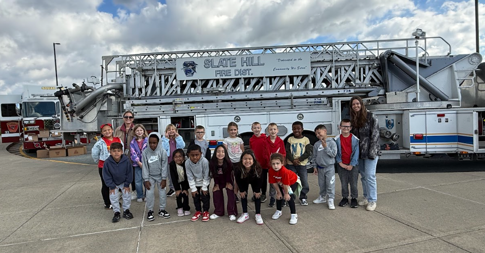 students with fire truck