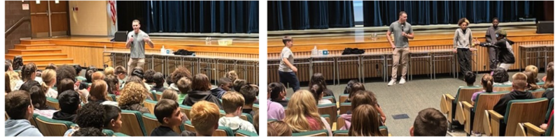 Middle school assembly speaker and students