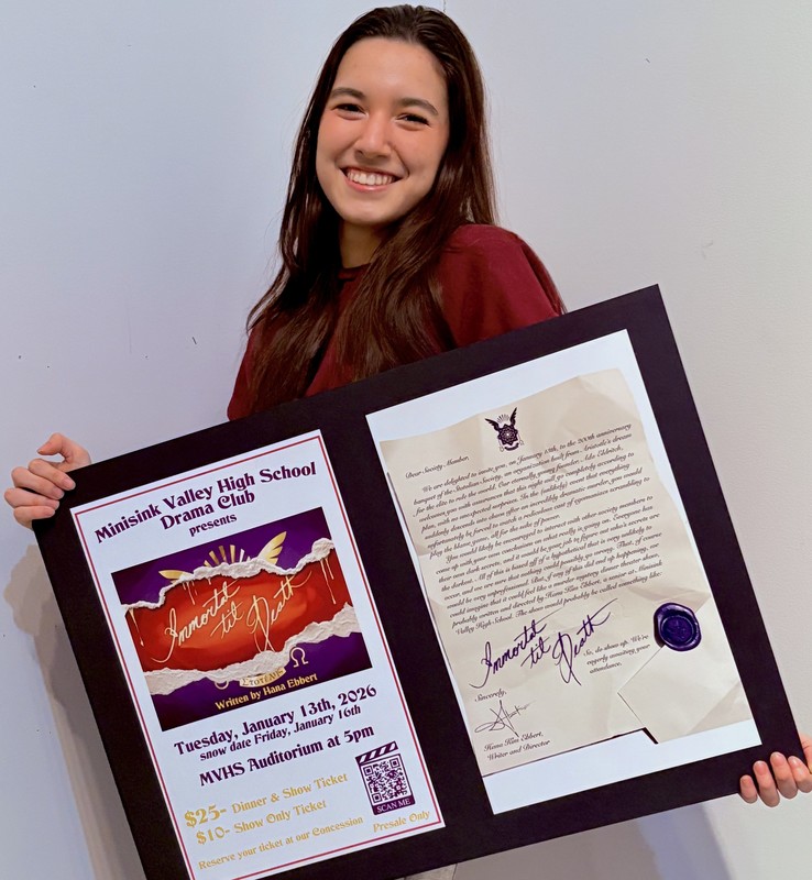 student with artwork of the playy