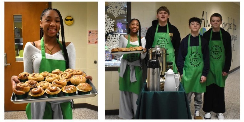 students with coffee cart