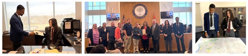 Hanna and peer at the county government building 
