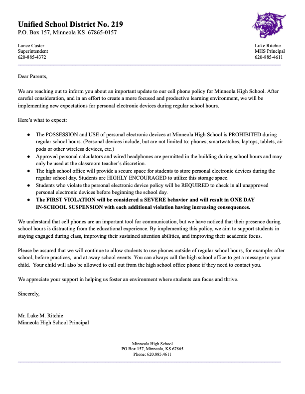 Personal Electronic Device Letter