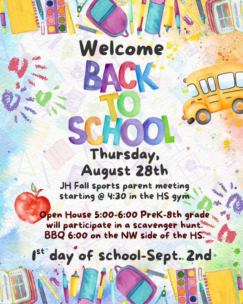 Join us tonight for Open House starting at 5:00. PreK-8 will have a scavenger hunt too. Back to School BBQ starts at 6:00 on the NW side of the HS parking lot. See you soon!