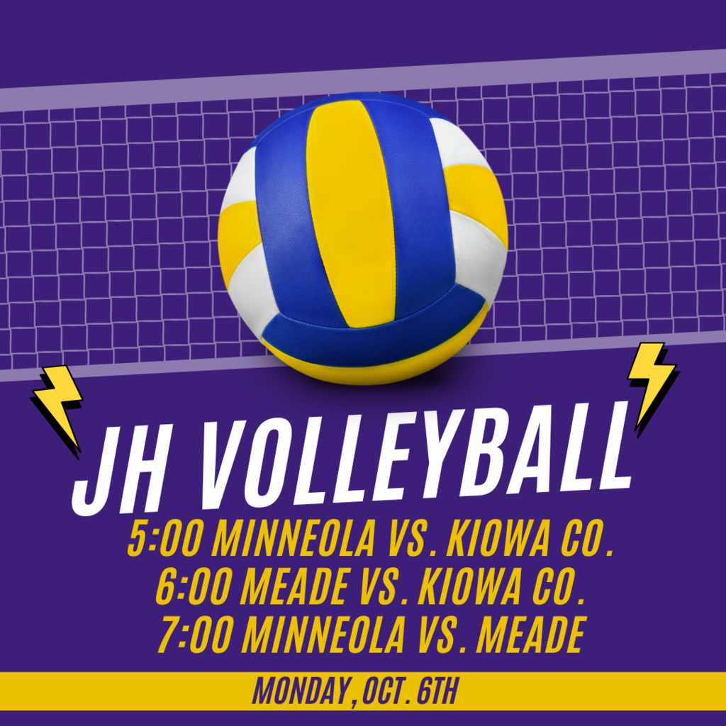 Join us Monday, Oct. 6 for the JH  varsity tri vs. Meade and Kiowa Co. 5:00 Minneola vs. Kiowa, Co. 6:00 Kiowa Co. vs. Meade, 7:00 Minneola vs. Meade. Good Luck Ladies!