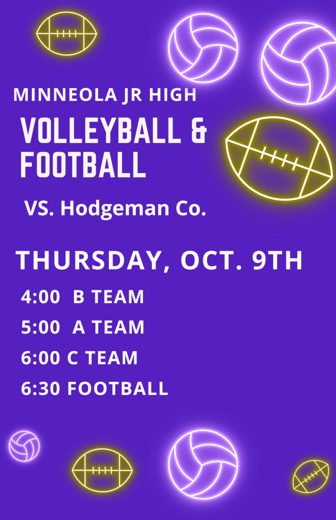 Join us on Thursday, Oct. 9 for our last home JH football and volleyball games vs Hodgeman Co. 4:00 B team, 5:00 A team, 6:00 C team. Football begins at 6:30. Good luck Wildcats. 