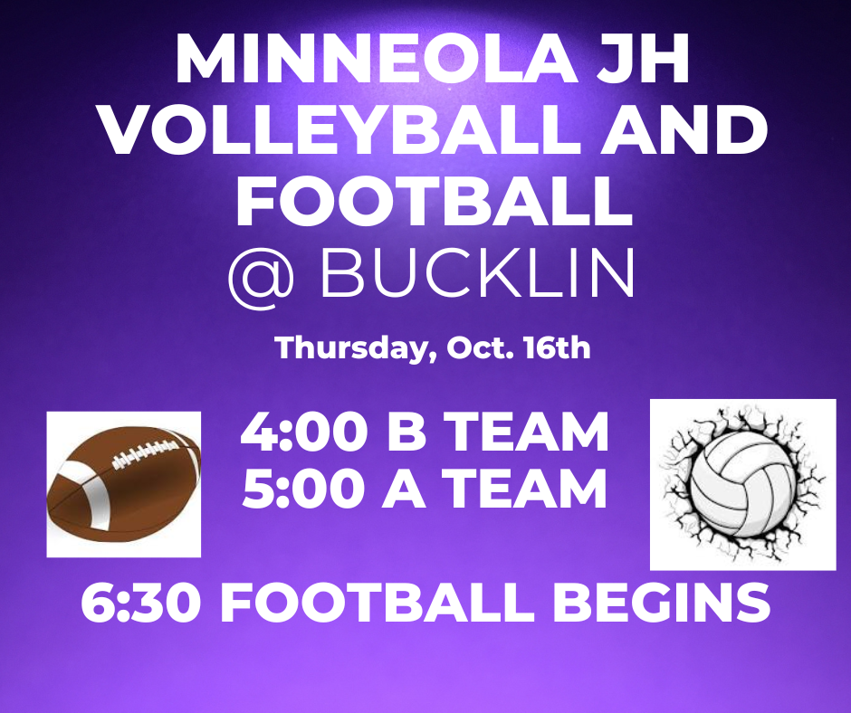 Join us for the last regular JH volleyball and football game of the season tomorrow, Oct. 16 at Bucklin. B team -4:00, A team- 5:00. Football starts at 6:30.