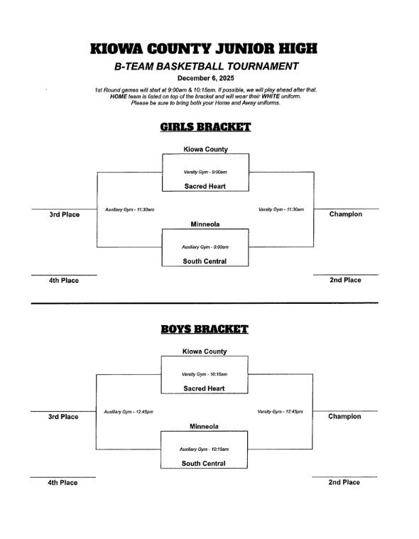 The JH boys and girls basketball B teams will be playing in a tournament at Greensburg on Saturday, Dec. 6th. 