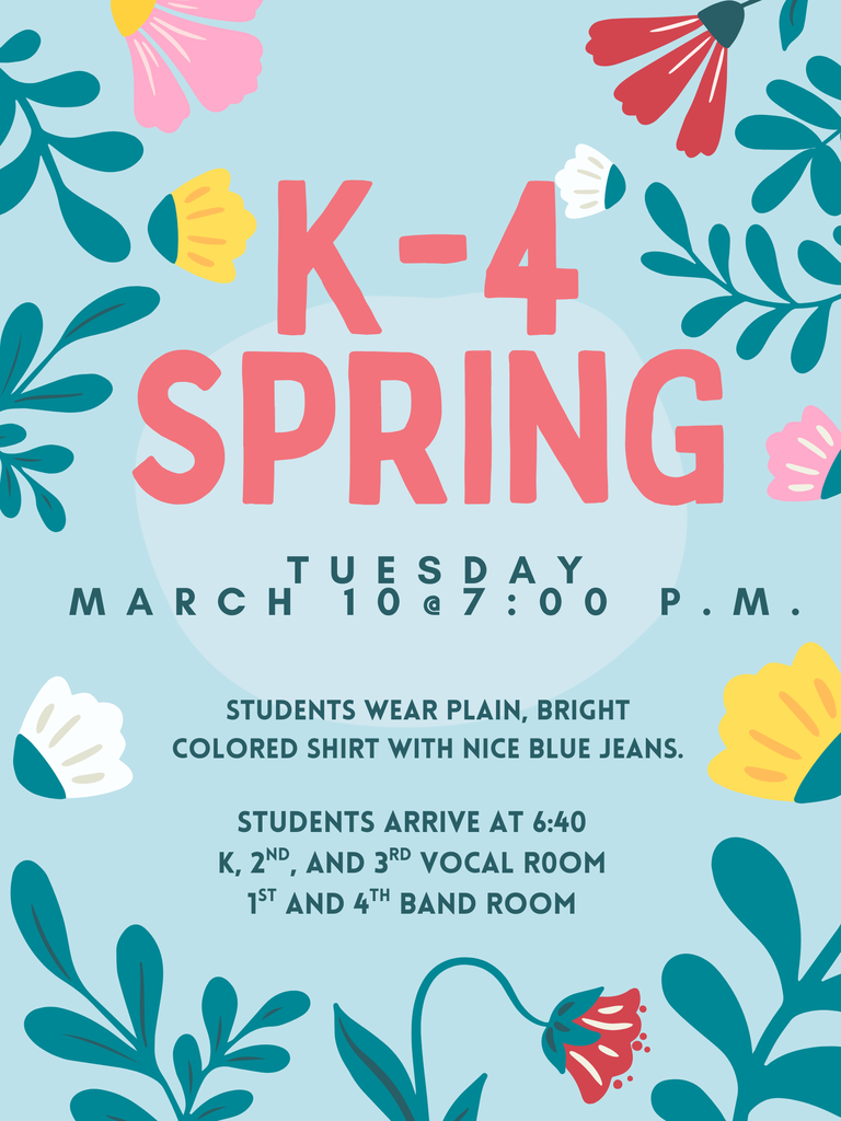 Join us for the K-4 Spring Vocal Concert on Tuesday, March 10th starting at 7:00 in the GS gym. We hope to see you all there!