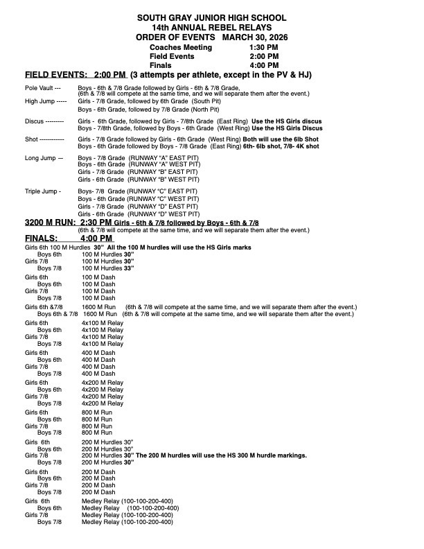 Join us at So. Gray on Monday, March 30 for the first JH track meet of the season. Field events start at 2:00.  Good luck Wildcats! 