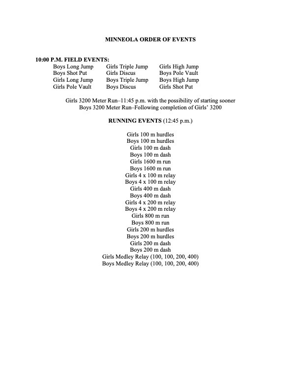 Minneola is hosting a JH and HS track meet on Thurs. April 9. JH starts at 10:00 & HS at 3:00. All athletes are expected to attend both meets. The Order of JH Events is on the Facebook page. 