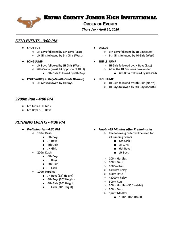 JH track will be traveling to Kiowa Co. on Thursday, April 30th. The field events start at 3:00. Good luck Wildcats!