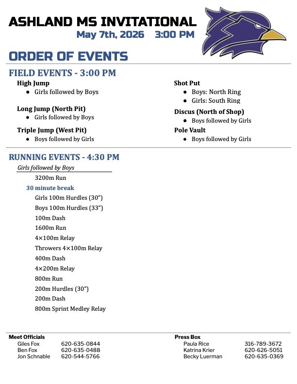 Join us for the last regular season JH track meet on Thursday, May7th at Ashland. Field events will begin at 3:00. The Order of Events is on the school Facebook page. Good Luck Wildcats!