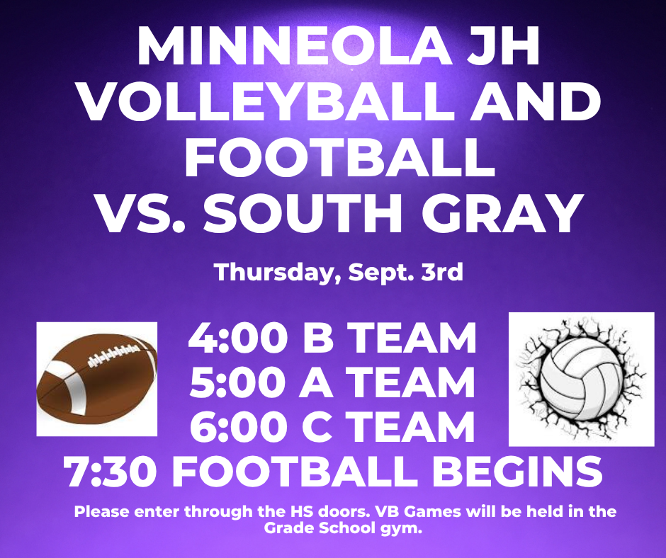 Join us for JH VB and FB on Thursday, Sept. 3rd. VB- B Team at 4:00, A Team 5:00, C Team 6:00, and football has been moved to start at 7:30 due to the heat. Good Luck Wildcats!