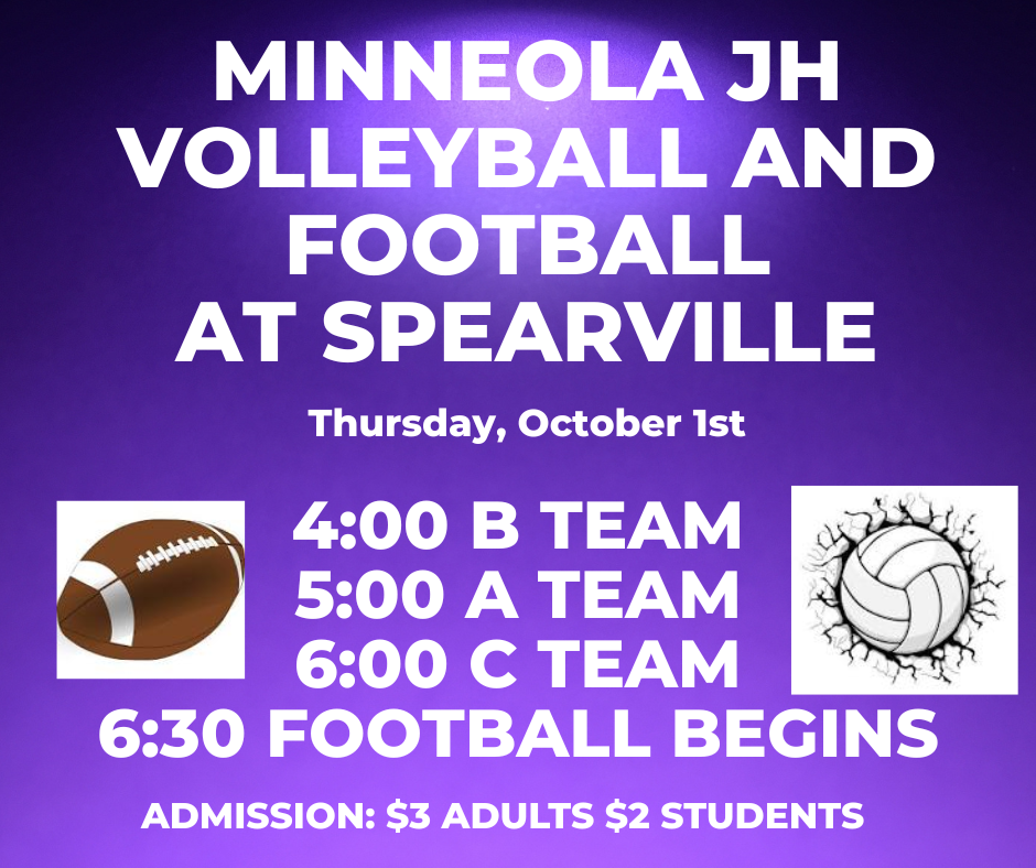 Join us for JH Volleyball and Football on Thursday, Oct. 1 at Spearville. 4:00 B team, 5:00 A team, 6:00 C team. Football starts at 6:30. Admission-$3 adults, $2 students. Go Wildcats!