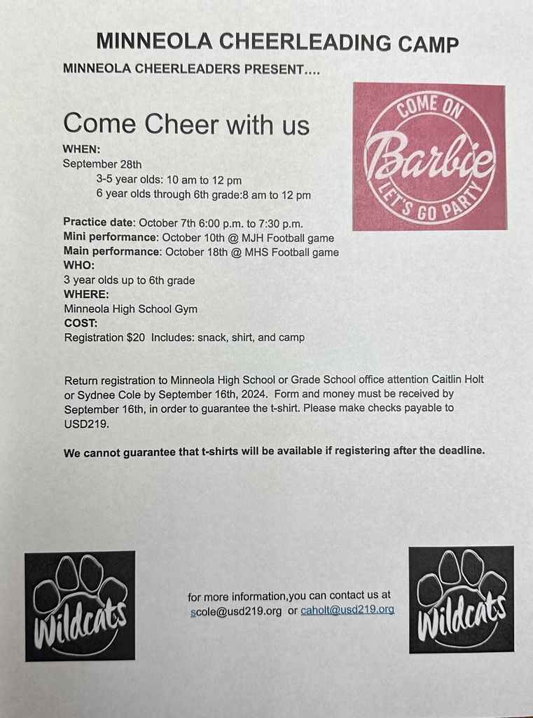 Minneola Cheerleaders are hosting a Cheer Camp! Sept. 28, 3-5 yr olds 10:00-Noon, 6 yr olds - 6th grade 8:00-Noon. 2nd Practce date is Oct. 7, 6:00-7:30. Registration is $20 and includes snack, shirt, and camp fees. Registration is due Sept. 16. Performance Oct. 10 and 18th.