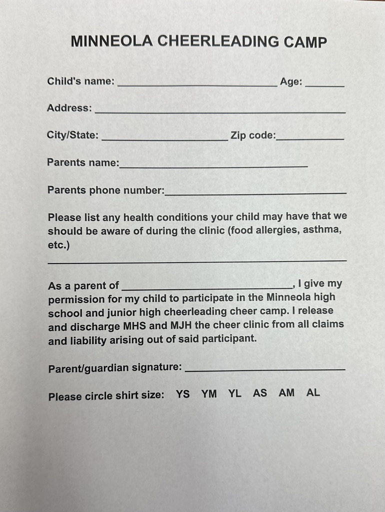 Minneola Cheerleaders are hosting a Cheer Camp! Sept. 28, 3-5 yr olds 10:00-Noon, 6 yr olds - 6th grade 8:00-Noon. 2nd Practce date is Oct. 7, 6:00-7:30. Registration is $20 and includes snack, shirt, and camp fees. Registration is due Sept. 16. Performance Oct. 10 and 18th.