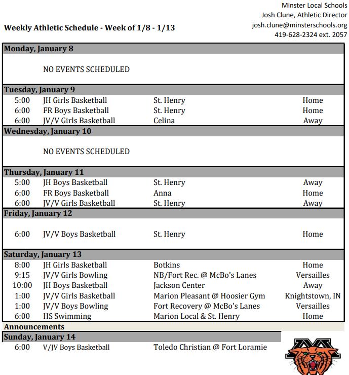 Weekly Athletic Schedule