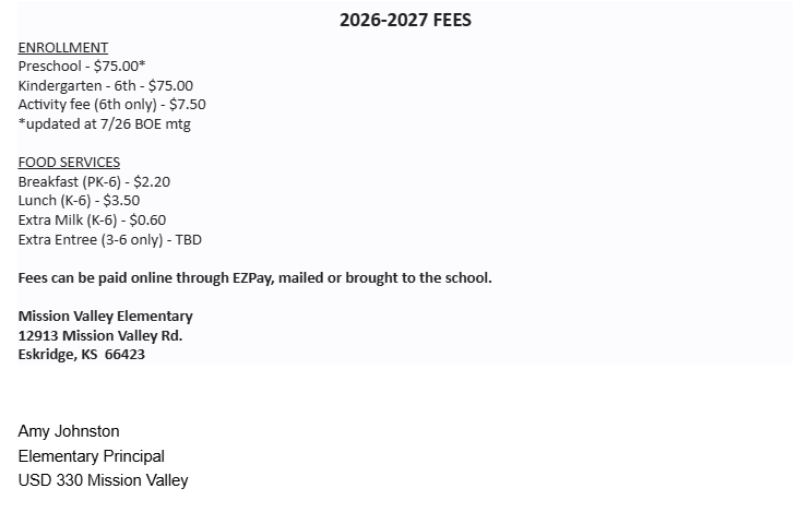 2026-2027 Elementary Fees