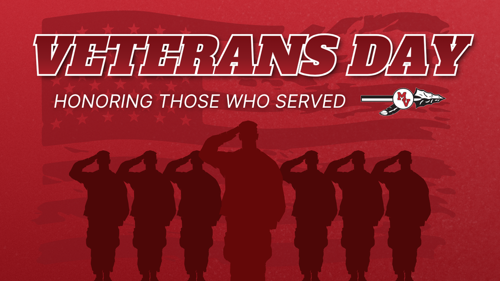 Graphic for Veterans Day featuring a red background with a faint American flag design. Silhouettes of seven saluting soldiers appear along the bottom. The text reads “Veterans Day — Honoring Those Who Served,” with the Missouri Valley logo beside it.