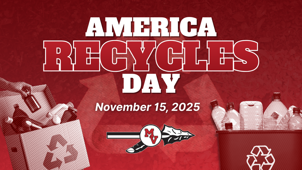 Graphic for America Recycles Day featuring a red background with a large faded recycling symbol. The text reads “America Recycles Day — November 15, 2025,” with the Missouri Valley logo underneath. On the left, a cardboard box filled with bottles is shown, and on the right, a recycling bin holds various plastic containers.