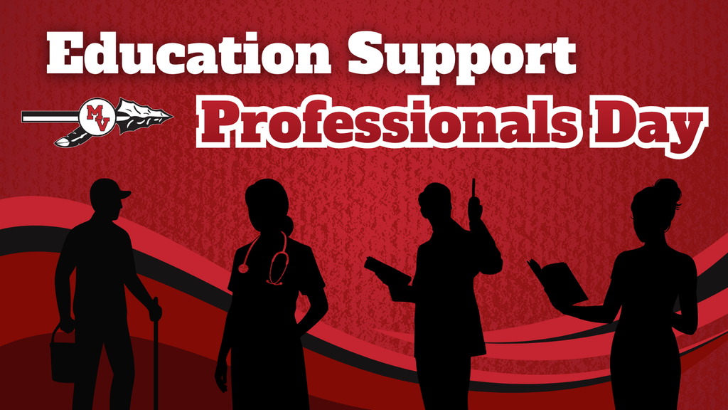 Graphic with a red textured background that reads “Education Support Professionals Day.” Silhouettes of different school support staff appear along the bottom, including a custodian holding a mop and bucket, a nurse with a stethoscope, a staff member pointing while holding a clipboard, and another holding an open book. The Missouri Valley spear logo is displayed on the left.