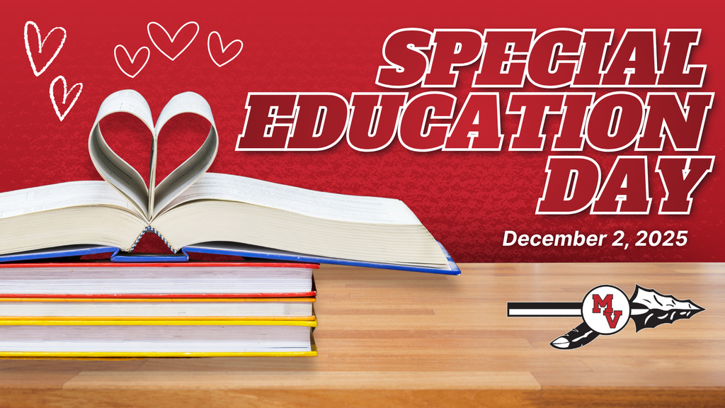 A stack of colorful books sits on a wooden table with an open book on top. The pages of the open book are folded into the shape of a heart. Hand-drawn heart doodles appear above the book against a textured red background. Large bold text on the right reads “Special Education Day,” with “December 2, 2025” beneath it. The Missouri Valley Schools logo featuring an arrowhead and “MV” is in the bottom right corner.