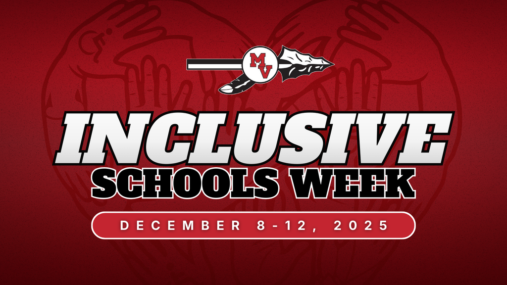 A red graphic recognizing Inclusive Schools Week for Missouri Valley Schools. The Missouri Valley logo with a spear appears at the top center. Large bold text reads “Inclusive Schools Week,” and a red banner below lists the dates “December 8–12, 2025.” A subtle background illustration shows multiple hands forming a heart shape.