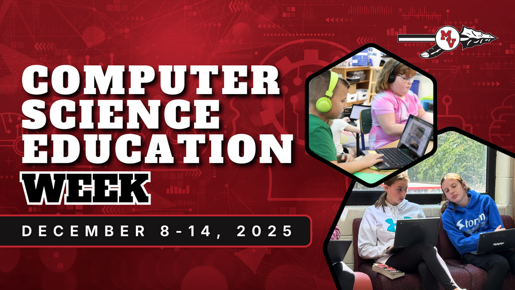 A red graphic for Missouri Valley Schools celebrating Computer Science Education Week. Large bold text reads “Computer Science Education Week,” with the dates “December 8–14, 2025” in a black banner below. On the right, two photos show students working on laptops—one pair of elementary students wearing headphones and another pair of older students collaborating with laptops. The Missouri Valley spear logo appears at the top right.