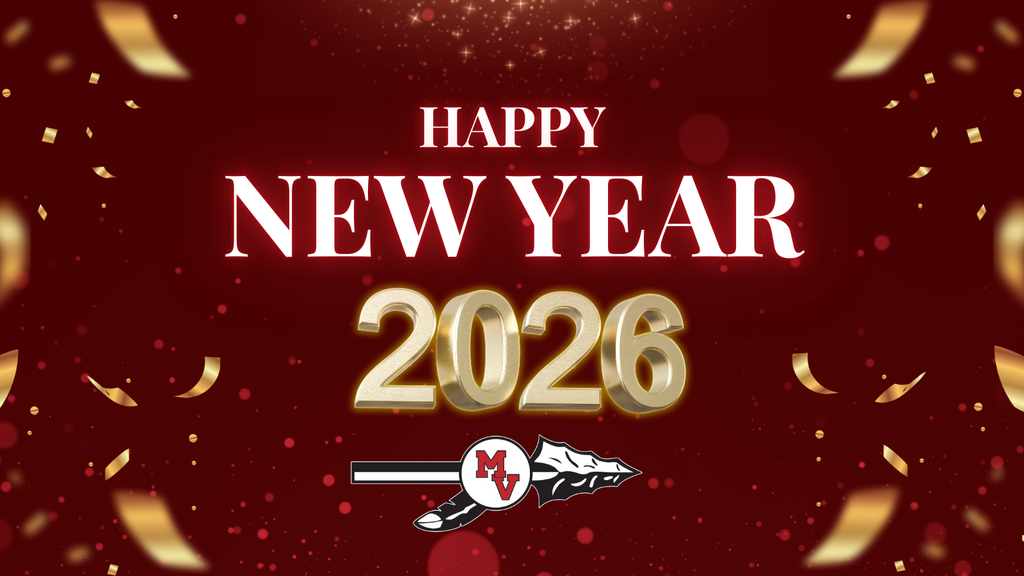 .A festive red and gold graphic reads “Happy New Year 2026” in bold white and gold text. Gold confetti and sparkles fill the background