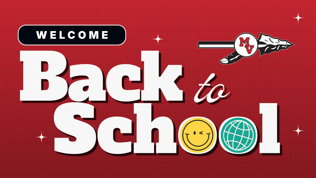 A bold red graphic with a grid background features the text “Welcome Back to School” in large white and black lettering. The word "School" includes a winking yellow smiley face and a globe icon in place of the "o"s.