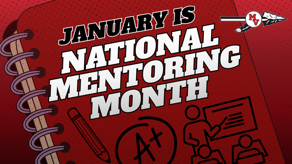 Bold text on a red notebook-style background announces January as National Mentoring Month, with icons of a pencil, A+ grade, and classroom scene.