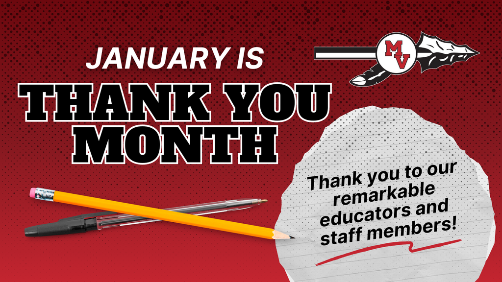 Text reads “January is Thank You Month” with a note thanking educators and staff, beside a pencil and pen.