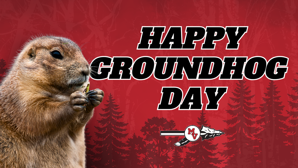 "Happy Groundhog Day" message on a red forest-themed background and a photo of a groundhog.