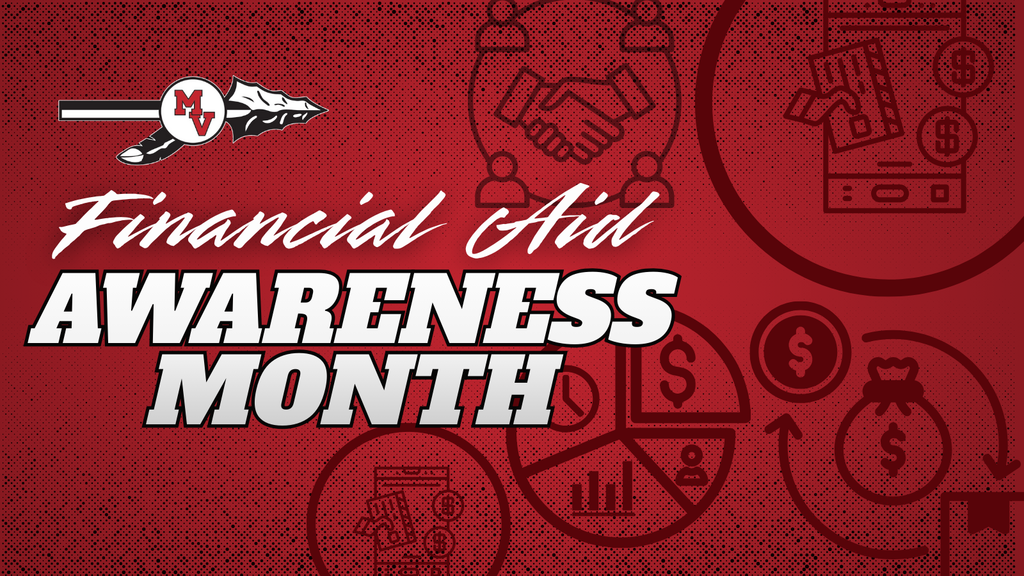 Financial Aid Awareness Month with financial icons on a red background.