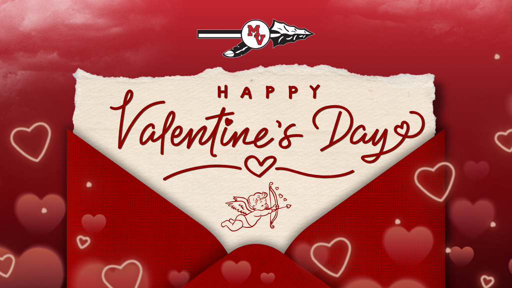 Happy Valentine’s Day message on a card with a cupid and hearts inside a red envelope, with the MV logo at the top.