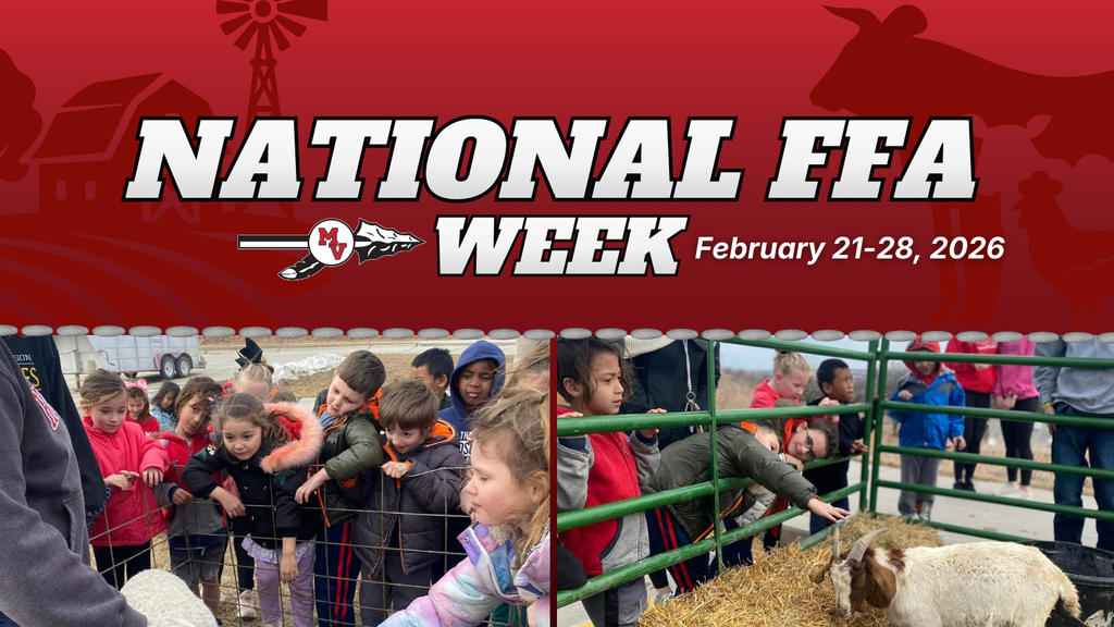 Red header reads “National FFA Week, February 21–28, 2026” above students visiting farm animals and petting a goat in a pen.